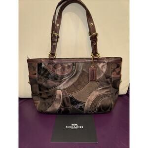 Coach Mosaic Signature Patchwork tote bag in brown leather gold hardware